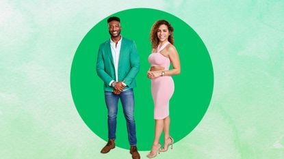 Lydia and Uche, Love Is Blind season 5 contestants who dated previously on a green background