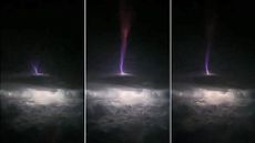 Three sequential photos of a 'gigantic jet' lightning bolt blasting out of the top of a cloud over Oklahoma, and shooting directly into space.