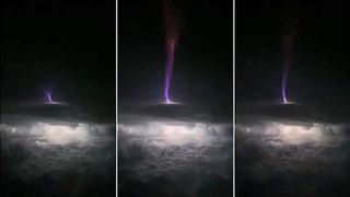 Three sequential photos of a 'gigantic jet' lightning bolt blasting out of the top of a cloud over Oklahoma, and shooting directly into space.