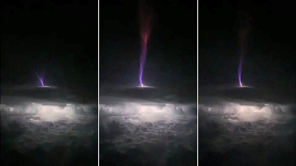 Three sequential photos of a &#039;gigantic jet&#039; lightning bolt blasting out of the top of a cloud over Oklahoma, and shooting directly into space.