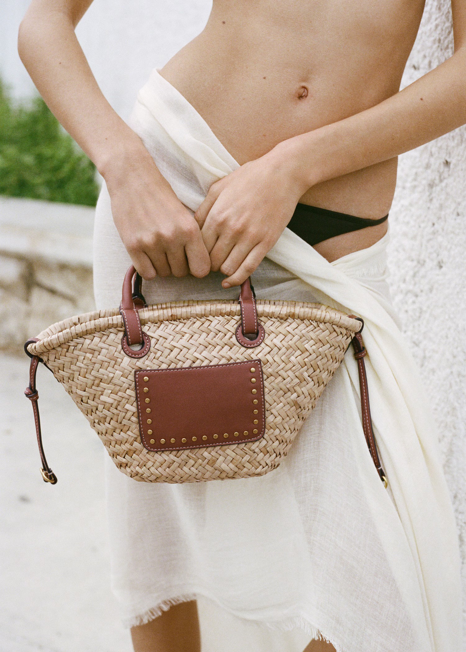 The White Company, Leather Trim Straw Basket Tote Bag