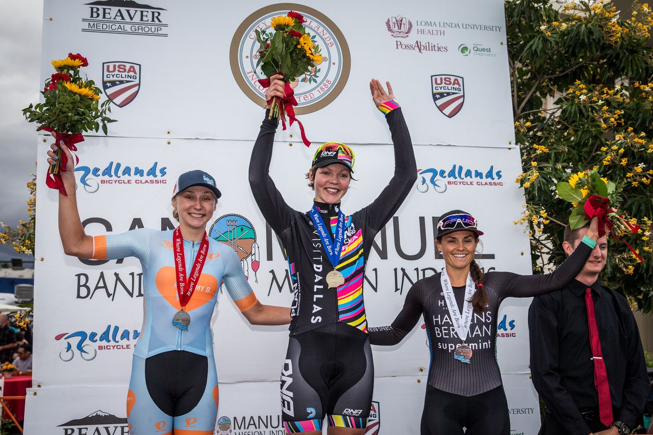 Megan Jastrab (Amy D. Foundation), Claire Rose (Visit Dallas DNA) and Lizzie Williams (Hagens Berman-Supermint) on the stage 4 podium at the Redlands Bicycle Classic