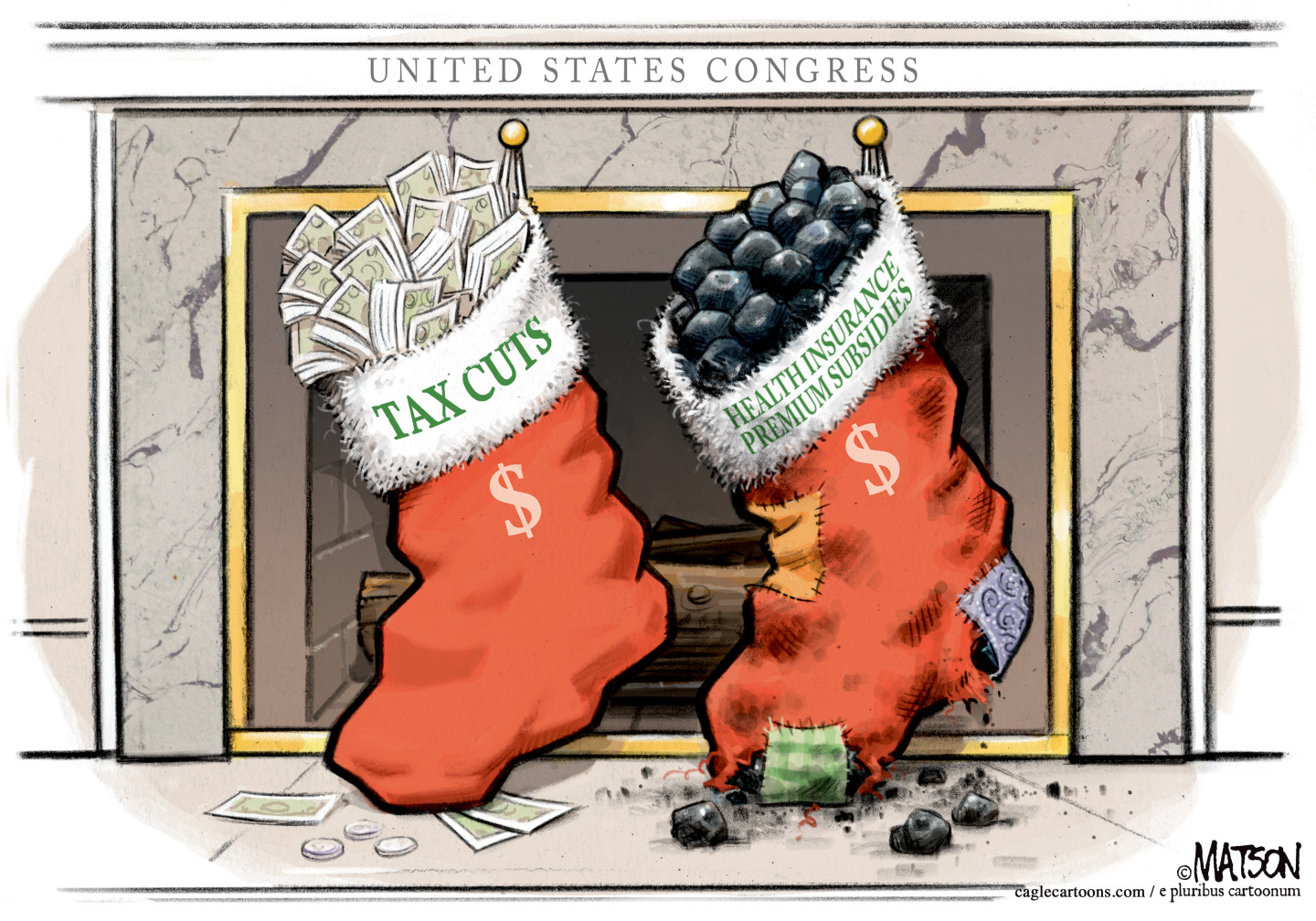 Two stockings hang from a fireplace labeled United States Congress. The stocking on the left looks new and is filled with cash and is labeled Tax Cuts. The stocking on the right is old and worn and is named Health Insurance Premium Subsidies. It&amp;rsquo;s filled with coal.