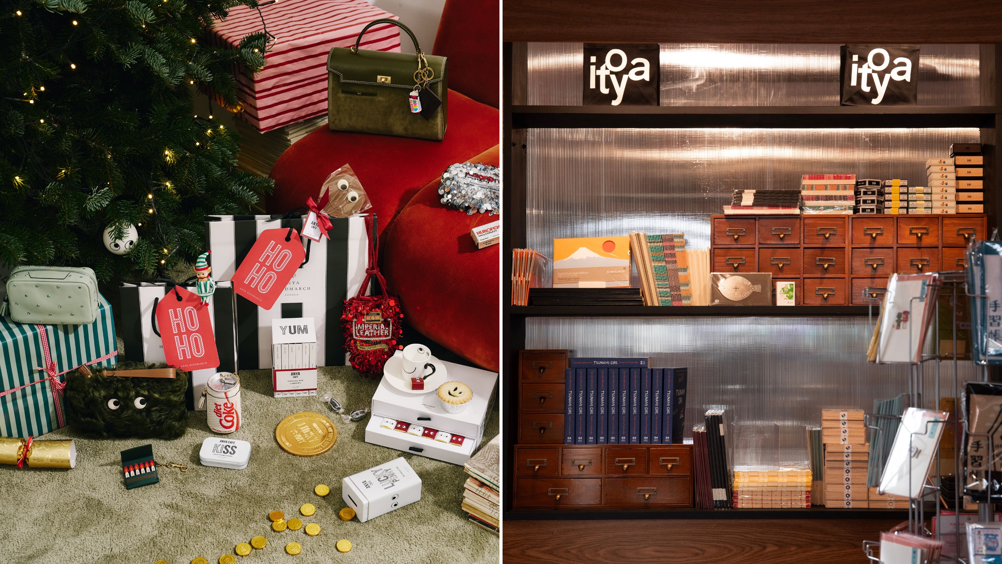 Anya Hindmarch gifts under a Christmas tree and the Itoya stationery store