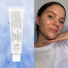 collage of Brooke Knappenberger selfie with bottle of Dr. Althea147 Barrier Cream on blue bubble texture background