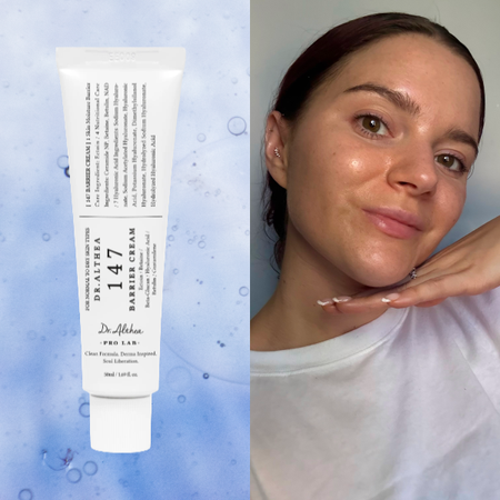 collage of Brooke Knappenberger selfie with bottle of Dr. Althea147 Barrier Cream on blue bubble texture background