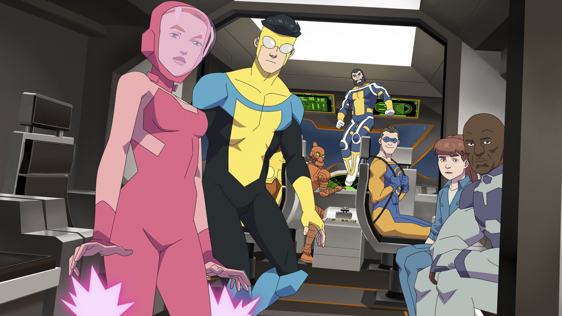 Atom-Eve, Mark, and the other Guardians of the Globe on a spaceship in Invincible season 2 part 2