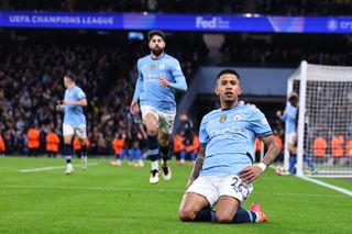 Savinho of Manchester City celebrates after scoring a goal to make it 3-1 during the UEFA Champions League 2024/25 League Phase MD8 match between Manchester City and Club Brugge KV at City of Manchester Stadium on January 29, 2025 in Manchester, England.