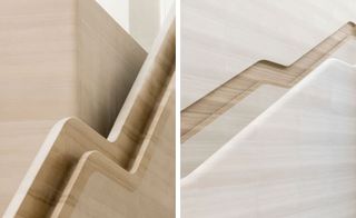 Two side-by-side photos offering a close up view of the light coloured staircases at Apple’s London flagship store which feature a handrail that is carved into the store’s stone walls
