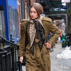 Gigi Hadid Suede Trench And Triangle Scarf