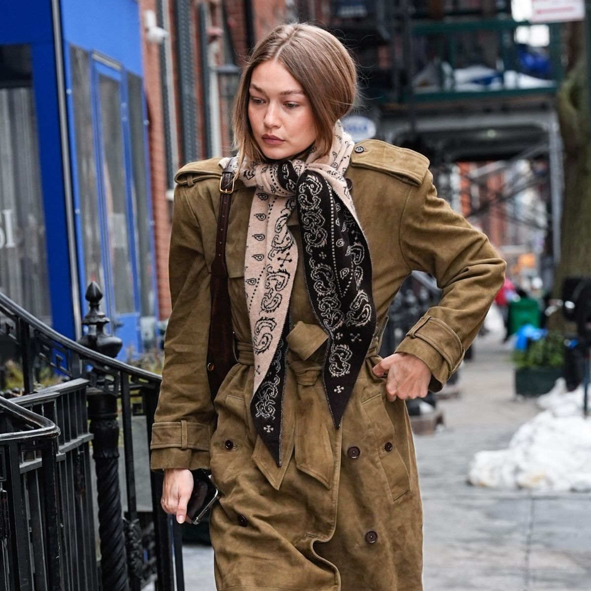 Gigi Hadid Suede Trench And Triangle Scarf