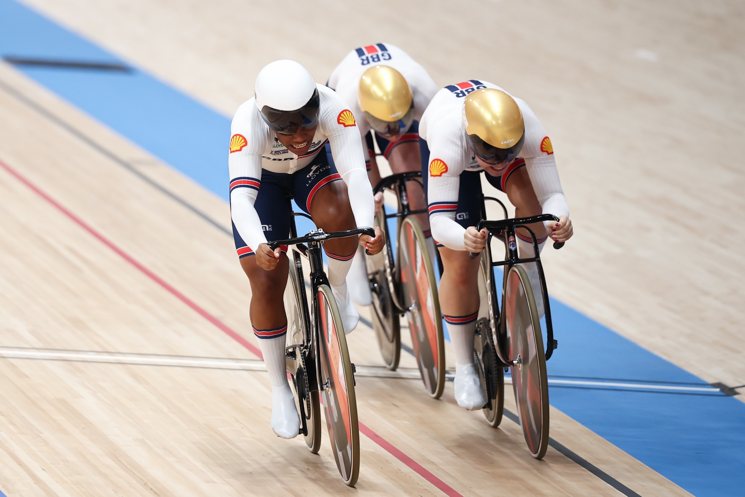 Great Britain competing in the women's team sprint on the track 