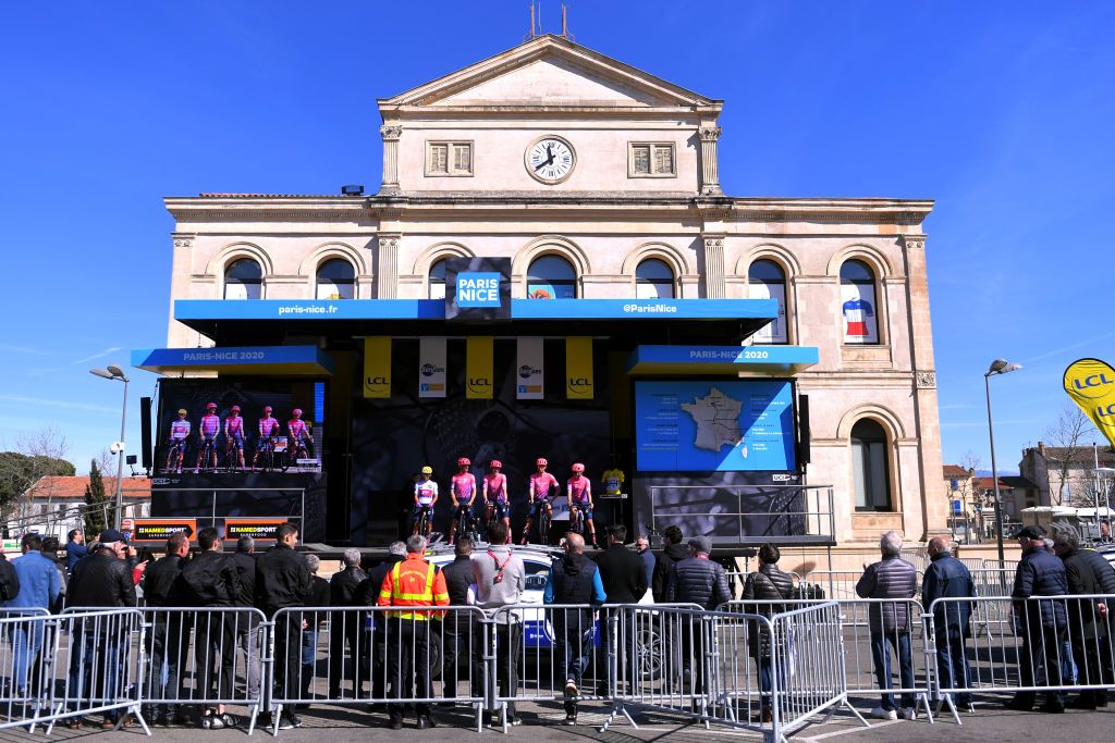 APT FRANCE MARCH 13 Start Sergio Andres Higuita of Colombia and Team Ef Education First White Best Young Jersey Tanel Kangert of Estonia and Team Ef Education First Thomas Scully of New Zealand and Team Ef Education First Sep Vanmarcke of Belgium and Team Ef Education First Security distance between spectators and the podium presentation Landscape during the 78th Paris Nice 2020 Stage 6 a 1615km stage from Sorgues to Apt 234m ParisNice parisnicecourse PN on March 13 2020 in Apt France Photo by Luc ClaessenGetty Images