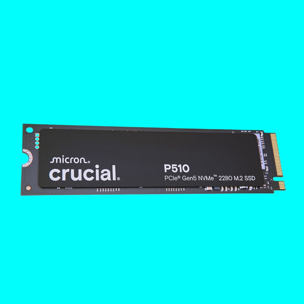 An image of a Crucial P510 SSD against a light blue background.