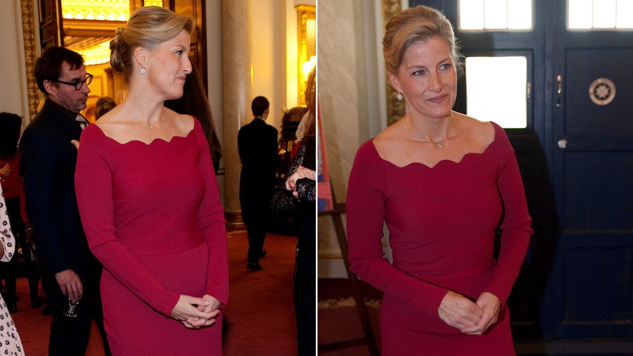 Composite of Duchess Sophie wearing a red wine coloured dress at a reception marking the 50th anniversary of Doctor Who in 2013