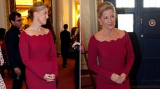 Composite of Duchess Sophie wearing a red wine coloured dress at a reception marking the 50th anniversary of Doctor Who in 2013