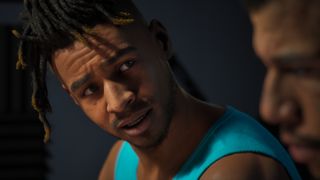 A character looks skeptically at another in MindsEye.