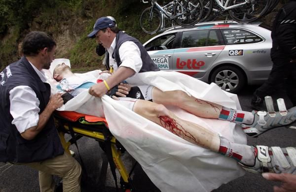 Frederik Willems (Omega Pharma-Lotto) crashed heavily in stage nine and is taken away in an ambulance.