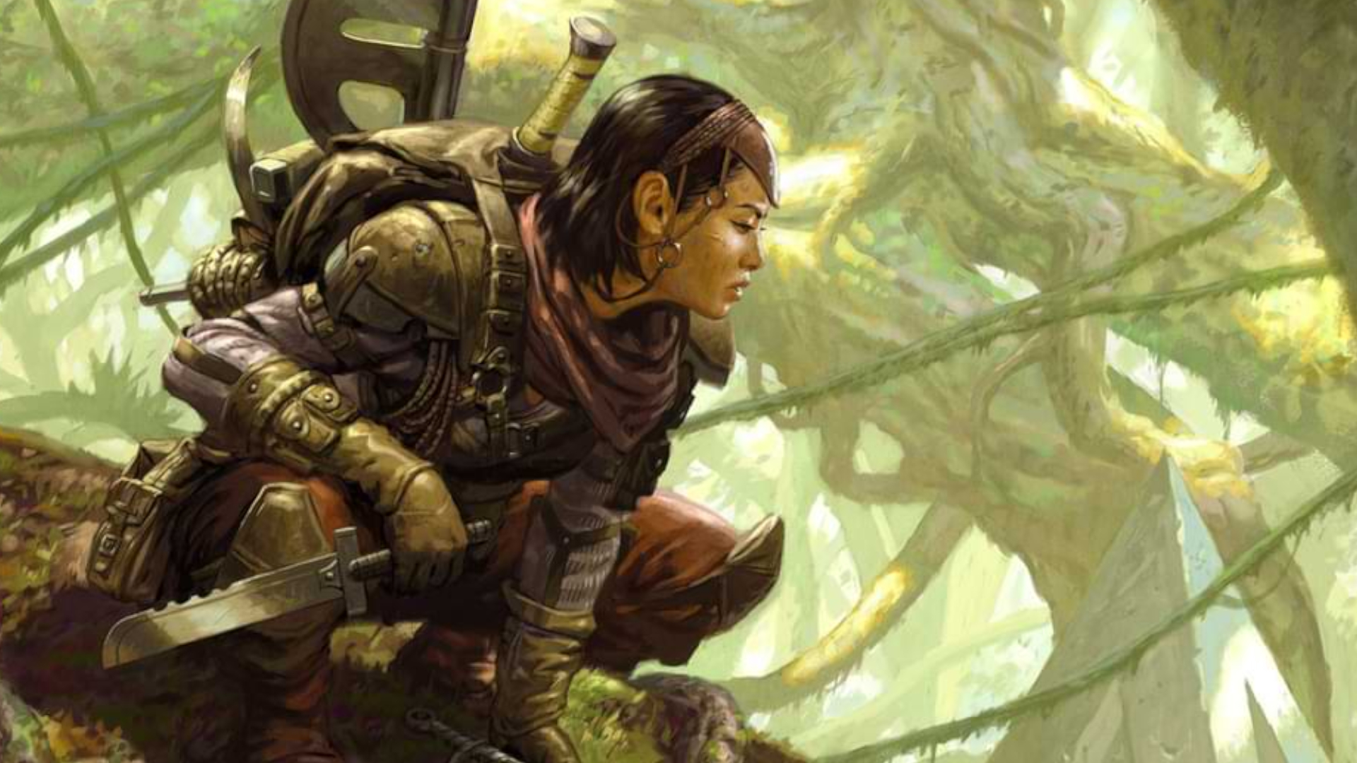 D&D Ranger acecha en los árboles y vigila un bosque