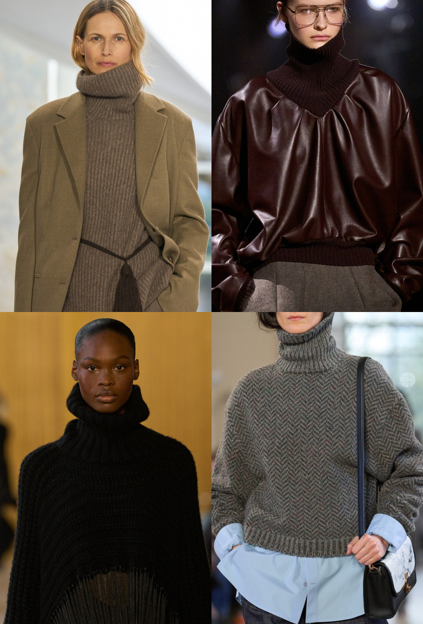 Four images of models from the autumn winter 2026 runways wearing ultra-high-neck jumpers