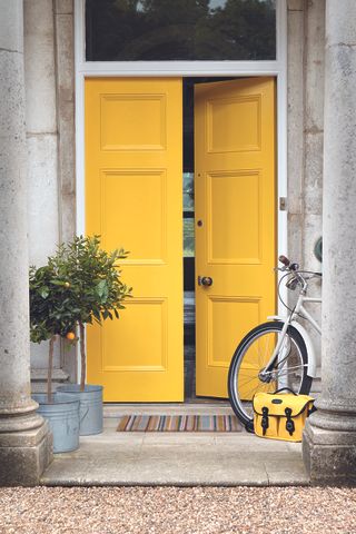 A white townhouse with yellow door and a olive tree and bicycle