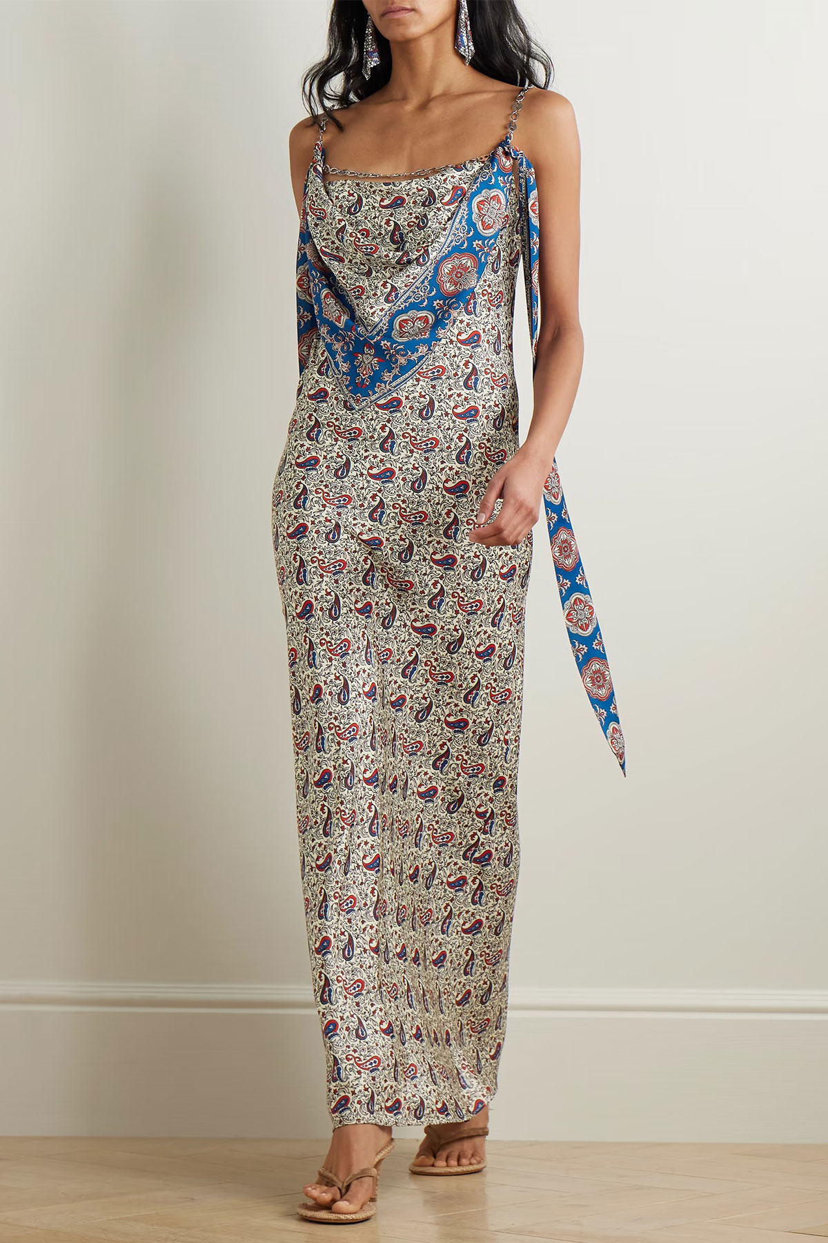 Chain-Embellished Paisley-Print Crepe Maxi Dress