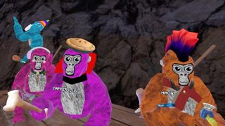 An official screenshot of four different players in Gorilla Tag showcasing different outfits and headgear