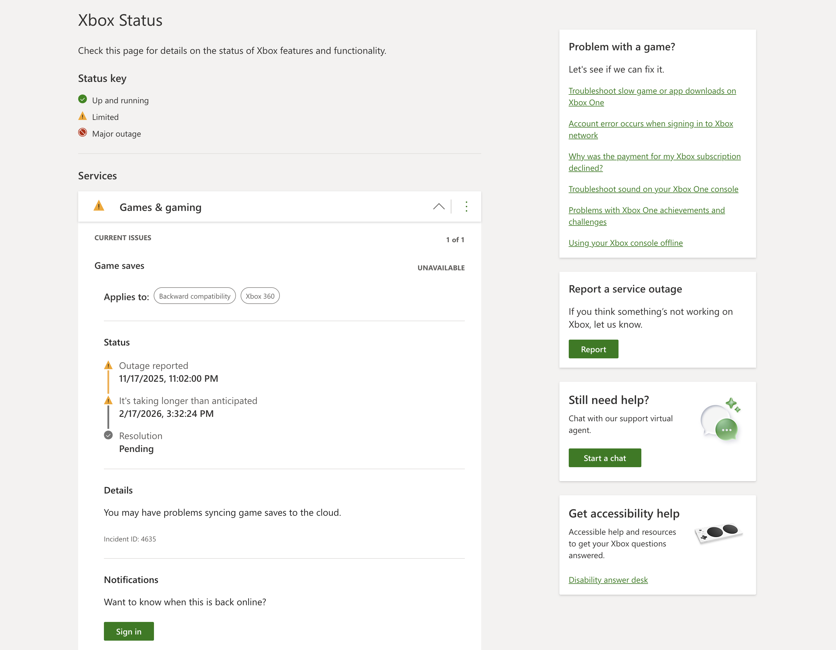 Screenshot of Microsoft's Xbox status page, showing problems with syncing game saves