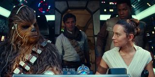 Chewbacca, Poe, Finn and Rey in the Millennium Falcon