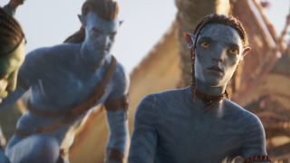 Several na'vi, tall, blue, feline aliens from Avatar: The Way of Water are seated in a camp.