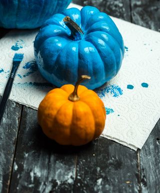 pumpkins painted in blue and yellow