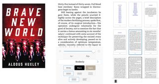 Screenshots of the Kindle app on iPad showing the book Brave New World by Aldous Huxley