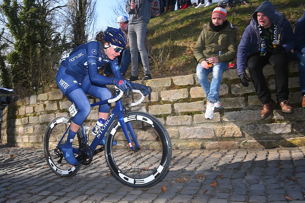 Christina Malling Siggaard (Team Virtu Cycling) climbing ahead of her win at Omloop Het Nieuwsblad Women Elite