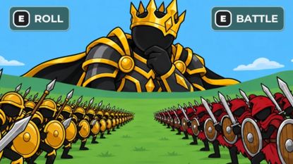 A large stickman oversees two stickman armies in Roll a Stickman on Roblox.