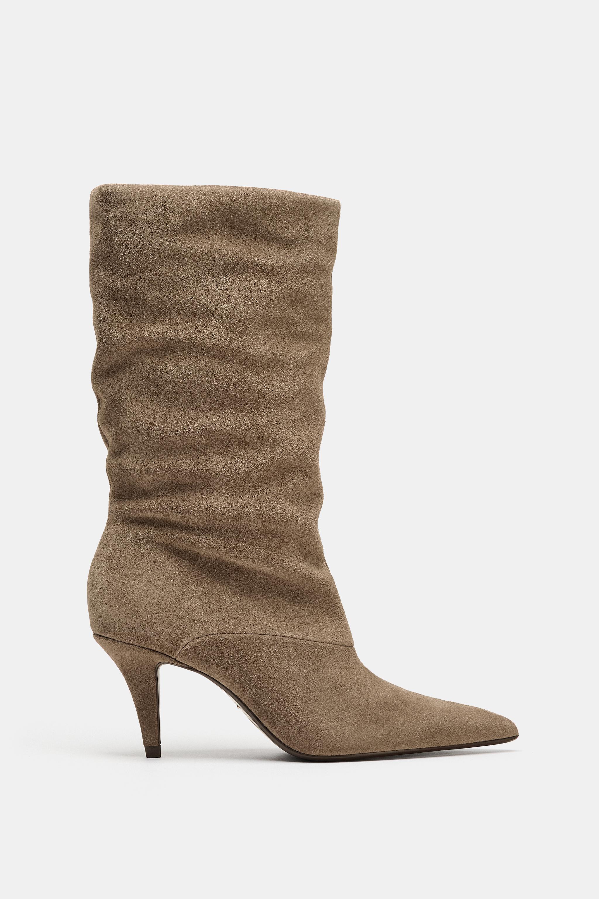 Gathered Split Suede Heeled Boots - Taupe Grey - 2