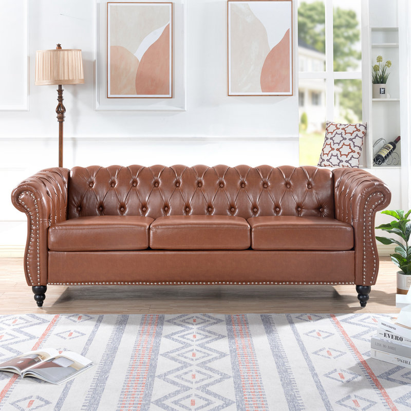 Canora Grey Elaiza 84.65" Chesterfield Sofa Faux Leather Three Seater Sofa With Rolled Arm & Reviews | Wayfair