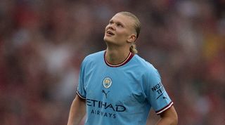 Erling Haaland shows his frustration during Manchester City's Community Shield defeat to Liverpool on Saturday.