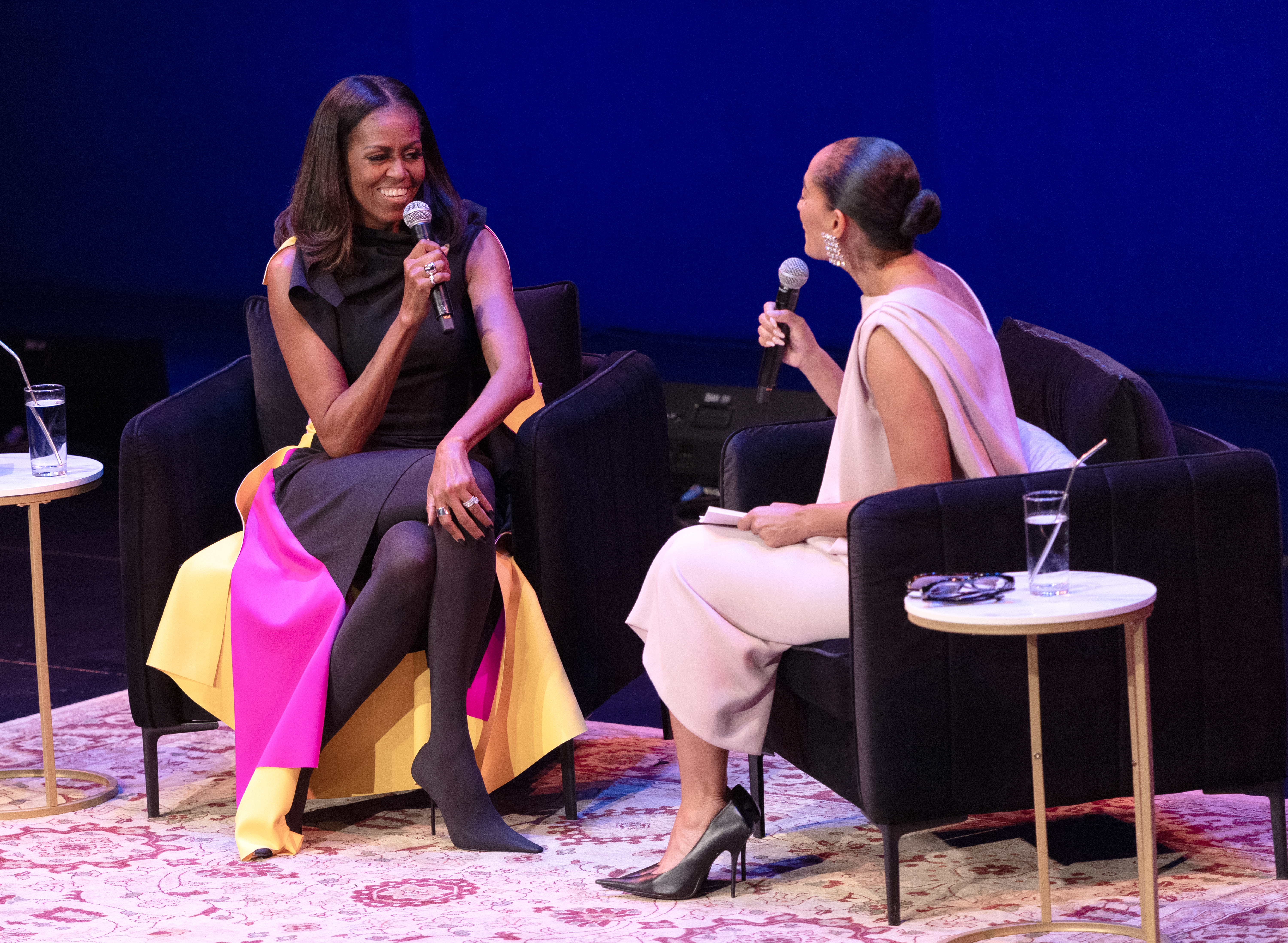 Michelle Obama attended a book tour event in a multi-color Loewe Spring 2026 dress