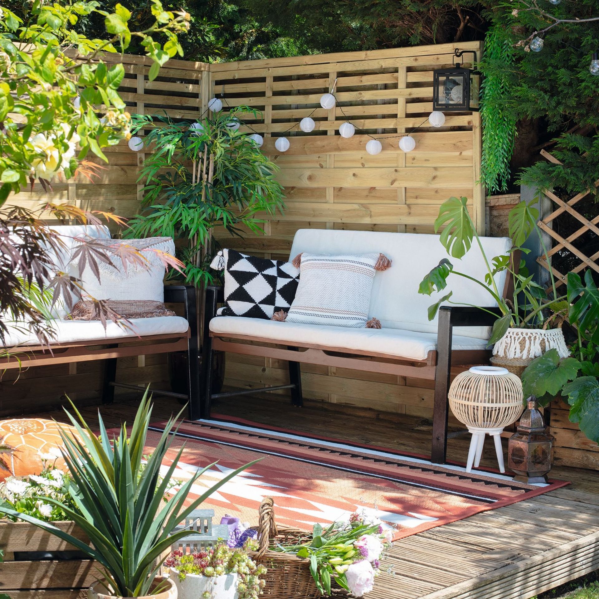 Outdoor corner sofa on patio, patterned cushions