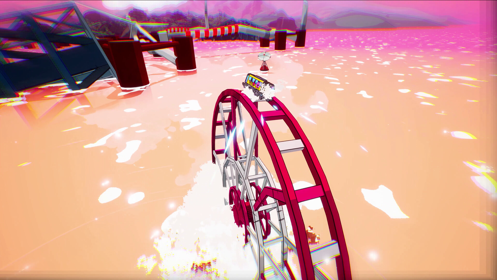 In Denshattack!, a bright yellow train drives around a carousel that's submerged in water