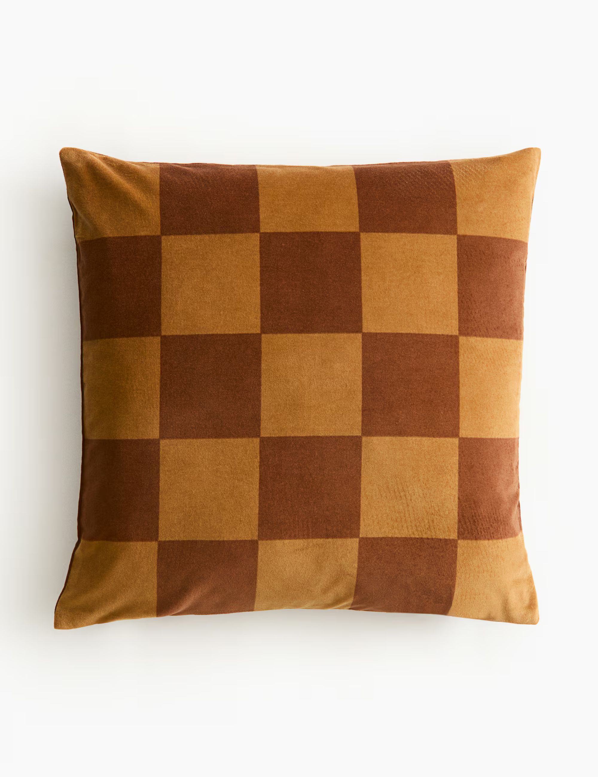 Checkered orange and brown velvet cushion cover
