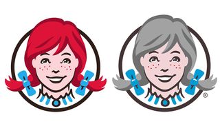 The usual Wendy's logo and the grey-haired Wendy's logo side by side