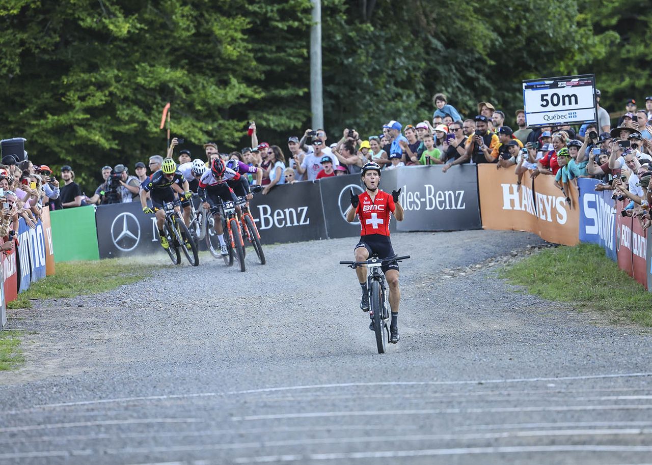 Filippo Colombo (BMC) sprints to victory in the XCC race at the UCI MTB World Cup Mont-Sainte-Anne