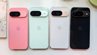 Google Pixel 9 i fyra olika färger.