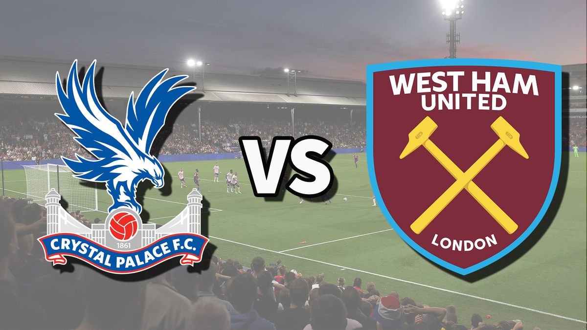 The Crystal Palace and West Ham United club badges on top of a photo of Selhurst Park in London, England, the venue for the Crystal Palace vs West Ham live stream