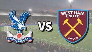 The Crystal Palace and West Ham United club badges on top of a photo of Selhurst Park in London, England