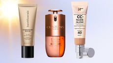 three lightweight foundations shown on a blue backdrop with hazy sunlight, bareminerals complexion rescue, clarins double serum foundation, it cosmetics CC+ glow