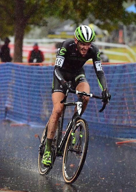 Lukas Winterberg (Cannondale) riding through torrential rain with on lap to go