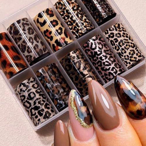 Leopard Print Nail Art Foils Transfer Stickers 10pcs Leopard Snake Print Nail Foils Adhesive Decals Nail Supplies Laser Starry Sky Paper Manicure Accessories for Women Fall Nail Art Decorations