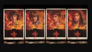 Four Stranger Things posters of characters Mike Wheeler, Jonathan Byers, Will Byers, and Argyle